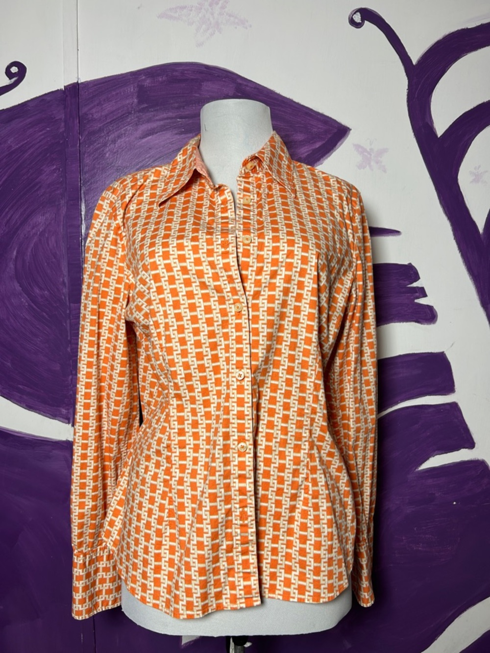 Tommy Hilfiger Women’s Orange‎ and White Geometric Button-Down Shirt size L